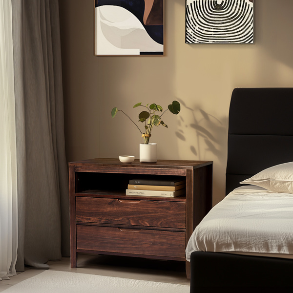 Brown P2 density board + solid wood veneer frame 75*40*61CM two drawers with upper compartment bedside table mid-century modern-8