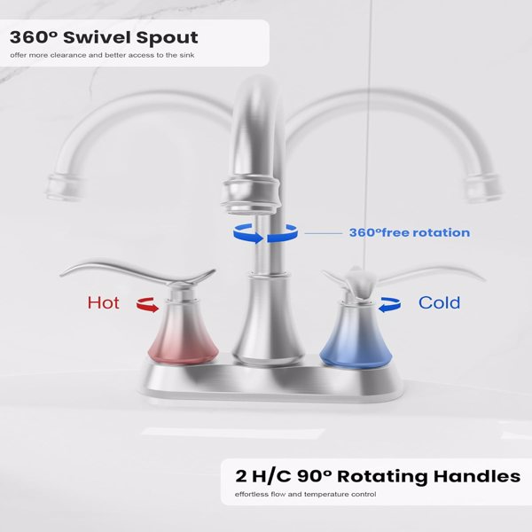 Bathroom Faucet Brushed Nickel with Pop-up Drain & Supply Hoses 2-Handle 360 Degree High Arc Swivel Spout Centerset[Unable to ship on weekends,usps/fedex]-3
