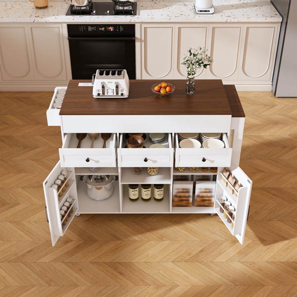 74.8" Kitchen Island with Extendable Dining Table & Power Outlet - Rolling Storage Cart on Wheels with 3 Drawers & 2 Door Cabinet for Dining Room, White-9