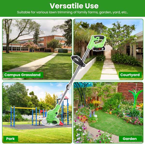 24V 300W Cordless Grass Trimmer Rechargeable Lawn Mower 18000M/Min Weed Cutter with Saw Blade 2 Stainless Steel Blades 10 Plastic Blades 2 Rechargeable Batteries Goggles Gloves-2