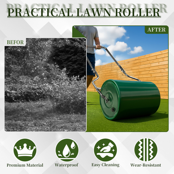 16in Heavy Duty Steel Lawn Roller, Garden Roller Can Be Filled with Water or Sand, Hand Roller with U-shaped Handle, Green & Black-13