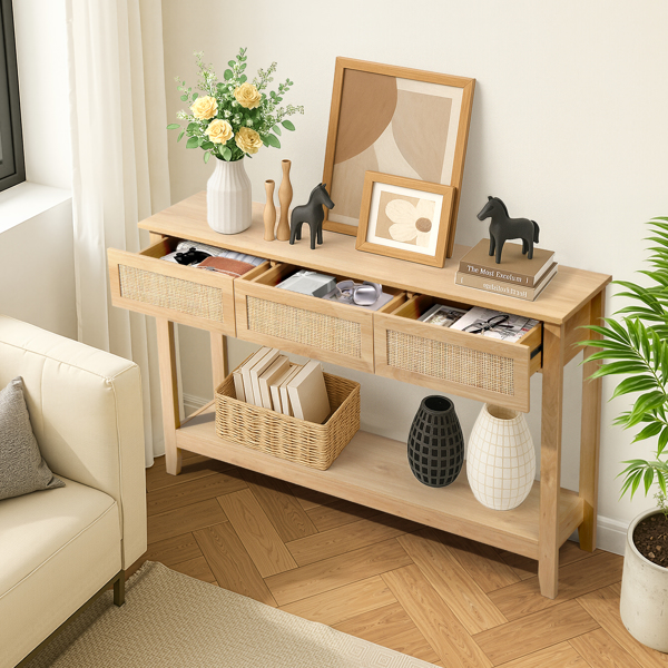 Boho Style Rattan Console Table with 3 Drawers and Open Storage Shelf, Entryway Table Narrow Long Sofa Table Hallway Foyer Table Behind Couch Table, Natural Wood-5