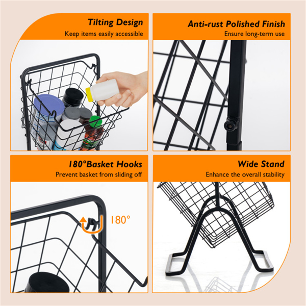 3-Tier Fruit Basket Stand - Removable Wire Bowls, Convertible to 1/2 Tier, Steel Frame with Non-Slip Pads, Black-3