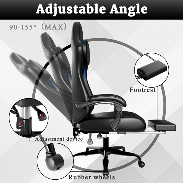 Ergonomic Gaming Chair, Video Game Chair with Pocket Spring Cushion and Footrest, Height Adjustable Computer Chair with Swivel Seat and Headrest (Faux Leather, Blue)-4