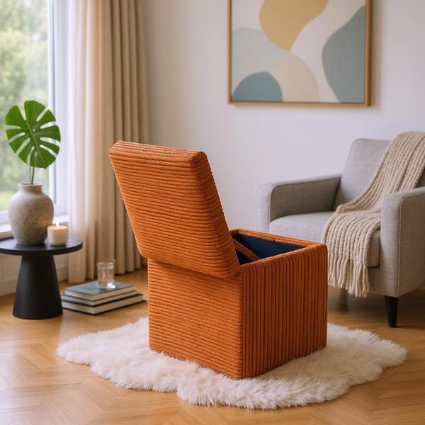 Orange Corduroy Storage Ottoman with Rubber Feet – Compact Soft Cube Seat, 42×42×44cm-6