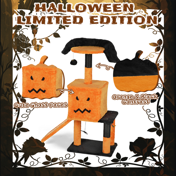 39.4" Halloween Cat Tree, Cat Tower Cat Tree for Indoor Cats with Spacious Cat Condo, Sisal Scratching Posts, Hanging Toys, Orange & Black-5