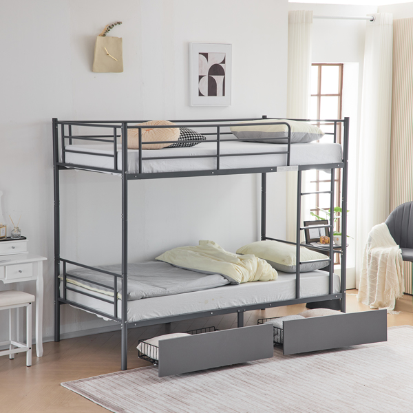 【Replace 95275916】Twin Over Twin Convertible Bunk Bed with 2 Storage Drawers, Metal Bunk Bed Can be Divided Into Two Daybeds, Grey-5