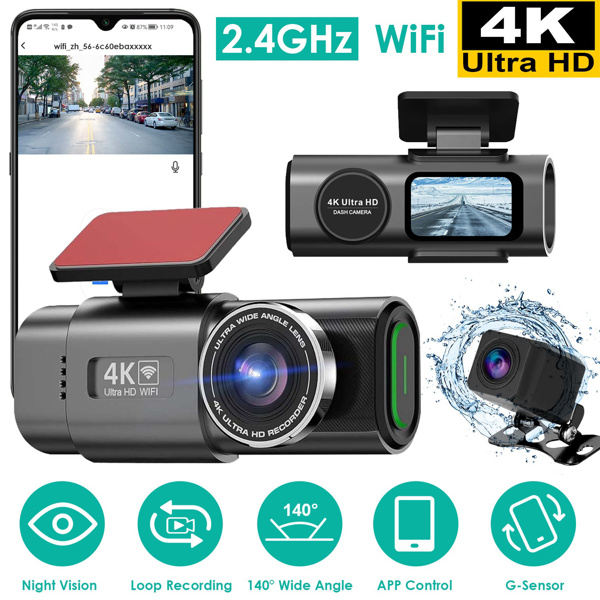 4K+1080P Dual Dash Cam Front & Rear with WiFi & Free 64 GB Card | 140°/120° Wide-Angle Loop Recording | G-Sensor & Night Vision | Mini Aluminum Alloy Car Camera, Easy Install-1