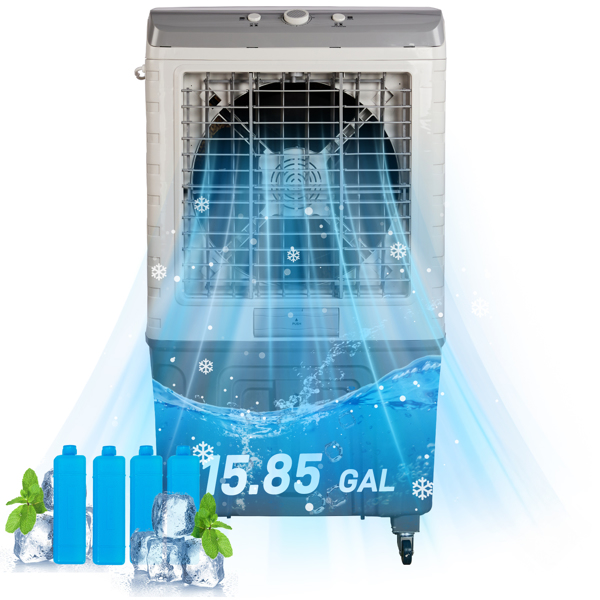 3 in 1 Portable Evaporative Cooler,707L,Indoor,Outdoor,3065 CFM Personal Air Cooler,15.85 Gal Large Water Tank & Scroll Casters, 4 Ice Packs,White and Gray-6
