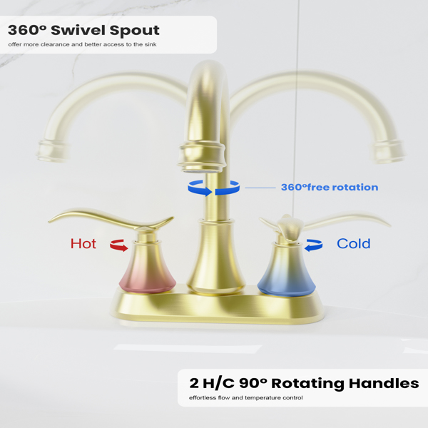 Bathroom Faucet Brushed Gold with Pop-up Drain & Supply Hoses 2-Handle 360 Degree High Arc Swivel Spout Centerset[Unable to ship on weekends,usps/fedex]-7
