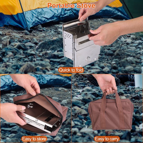 Foldable Camping Wood Burning Stove with Grill, Camp Stove Collapsible Backpacking Survival Stove Stainless Steel Campfire Stove for Outdoor Cooking Picnic Hiking BBQ (Sliver-Large)-9