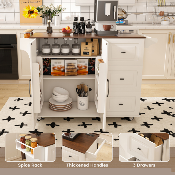 White Kitchen Island Cart with Foldable Tabletop & Drop Leaf - Mobile Breakfast Bar on Wheels with Wood Top and Storage-10
