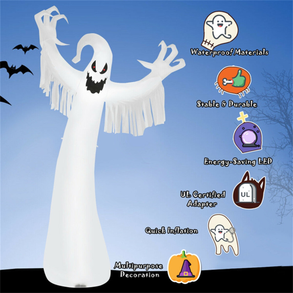 Spooky Halloween Inflatable Ghost - 12 ft Tall with LED Lights, Waterproof Fabric, Spikes/Ropes for Stability, White-9
