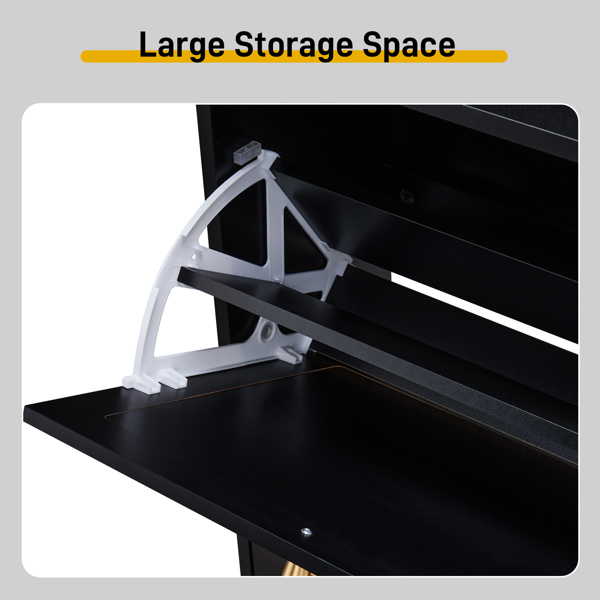 2 dump buckets with high-leg arched rattan surface shoe cabinet particle board + plastic rattan 54*24*98cm black frame + original wood rattan surface + black high legs-7