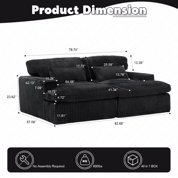 Double Chaise Lounge Chair Indoor,Oversized Upholstered Sleeper Cloud Couch,Deep Seat Luxury Sofa Bed,Sectional Sofa Chaise Love-seat,Corduroy Reading Chair for Living Room,No Assembly Required,Black-3