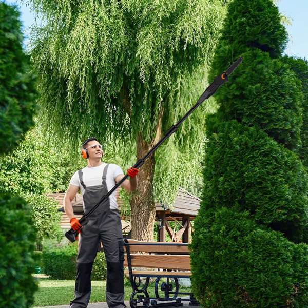 Cordless Pole Saw 7.4FT Telescopic Electric Chainsaw, 775W 39000RPM Brush Motor, 2×3000mAh Battery 60Min Runtime, Safety Switch, Gloves & Goggles Included, Tree Trimmer for Garden Yard Farm-8
