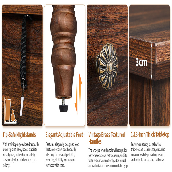 Brown P2 particle board with 3D paper + solid wood legs 63*44.5*68.5CM three drawers bedside table 1pcs-10