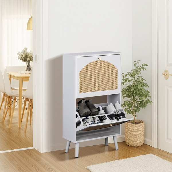 2 dump buckets with high-leg arched rattan shoe cabinet particle board + plastic rattan 54*24*98cm white frame + original wood rattan surface + white high-leg shoe cabinet-2