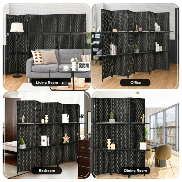 Foldable Room Screen with Storage Shelves - 106.5"x71" Max Size, Hand-Woven Fiber & Poplar Wood Frame, Black-2