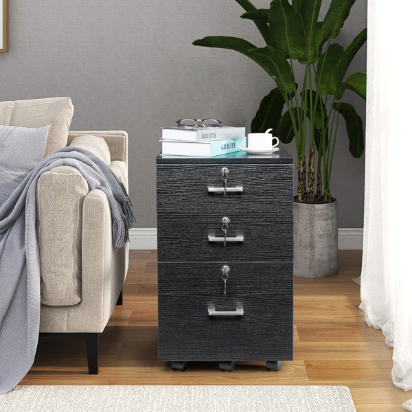 Black Wood Grain Density Board Three Drawers Wooden Filing Cabinet-1