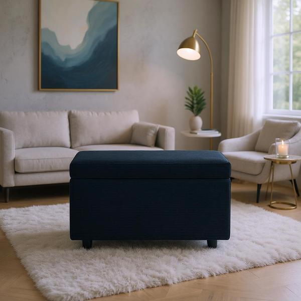 Black Corduroy Upholstered Storage Ottoman with Black Round Rubber Feet – 63×43×43cm, Hidden Storage with Soft Seating-5