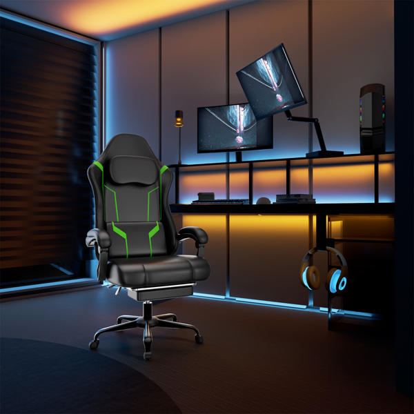 Ergonomic Gaming Chair, Video Game Chair with Pocket Spring Cushion and Footrest, Height Adjustable Computer Chair with Swivel Seat and Headrest (Faux Leather, Green)-7