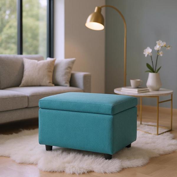 Blue Linen-Textured Storage Ottoman with Rubber Feet – 63×43×43cm Bench for Entryway, Bedroom or Living Room-3