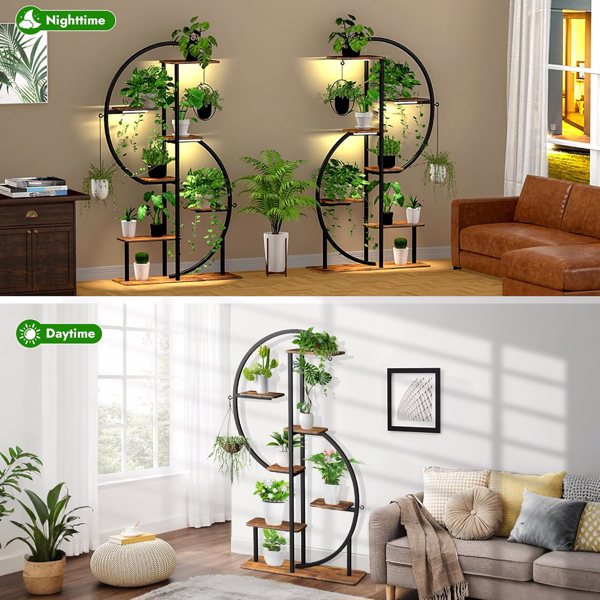 63" Tall Plant Stand with Grow Light, 7 Tiered Corner Plant Shelf, Metal Indoor Plant Shelves with 3 Hanging Hooks, Multi-Purpose Plant Flower Holder for Home & Patio-2