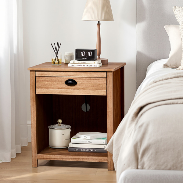 Oak color P2 density board + solid wood veneer frame 56*45*65cm one drawer with lower compartment bedside table mid-century modern-7