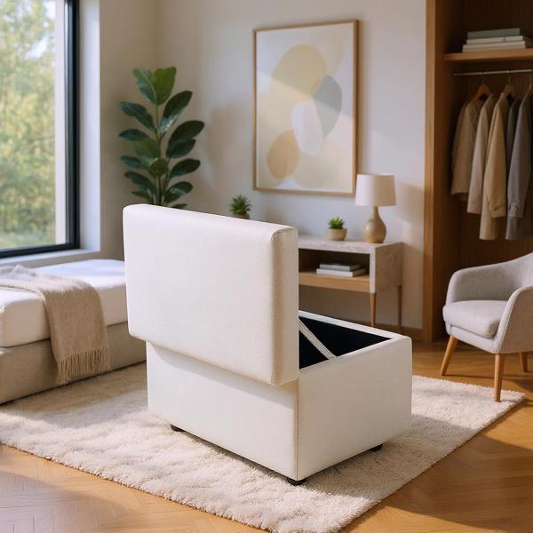 Beige Linen-Textured Storage Ottoman with Rubber Feet – 63×43×43cm Bench for Entryway, Bedroom or Living Room-5