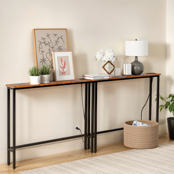 2 Pack 39.4" Narrow Console Sofa Table with Power Outlets and USB Ports, Long Couch Table with Metal Frame and Charge Station with 4.9ft Extension Cord, Rustic Brown-4