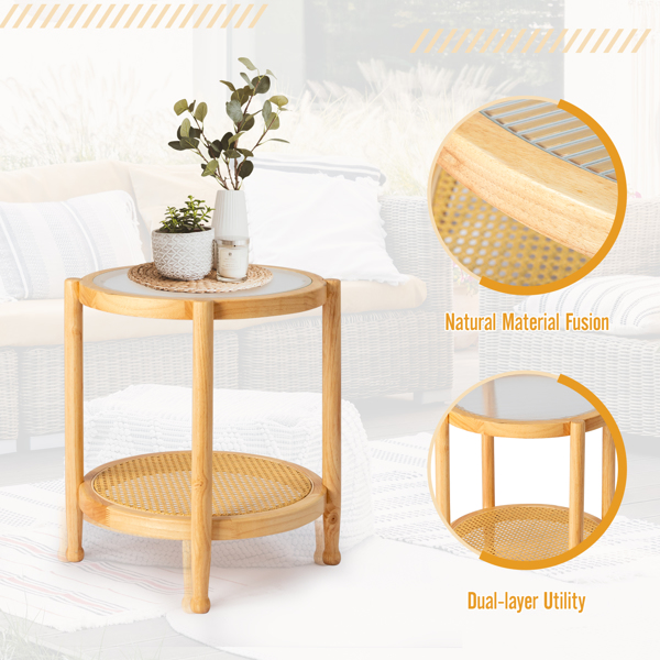 19.7in Rattan Coffee Table with Glass Top, Small Round End Table, Boho Style Side Table Sofa End Table for Living Room Balcony Patio, Natural-14