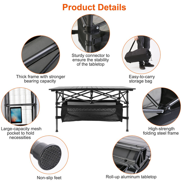 220 lbs Folding Camping Table – 30-Second Tool-Free Setup, Aluminum Roll-Top & Steel Frame, Detachable Mesh Basket, Portable Outdoor Picnic/BBQ/Beach Table with Carry Bag-3