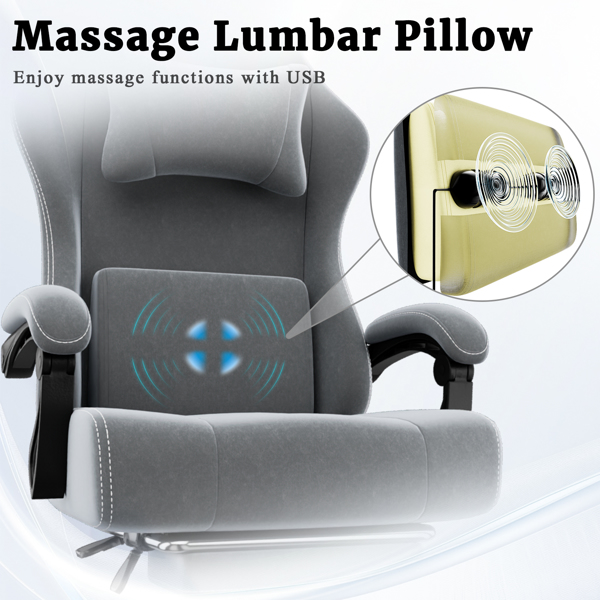 Ergonomic Gaming Chair, Video Game Chair with Massage Lumbar Support and Footrest, Height Adjustable Fabric Computer Chair with Pocket Spring Cushion, Gray-3