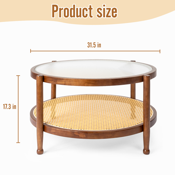 31.5in Rattan Coffee Table with Glass Top, Round End Table, Boho Style Side Table Sofa End Table for Living Room Balcony Patio, Walnut Finish-11