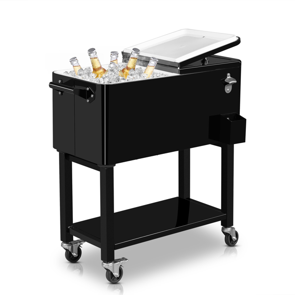 80 Quart Rolling Ice Chest, Portable Bar Drink Cooler with Catch Basin, Bottom Storage Tray and Bottle Opener for Patio Party BBQ Beach Activities-31