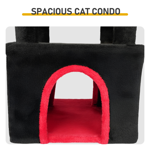 53" Large Cat Tree, Gothic Cat Tower with Padded Perch, Spacious Condo, Comfy Hammock, Scratching Post, Hanging Toy for Indoor Cats, Red & Black-13