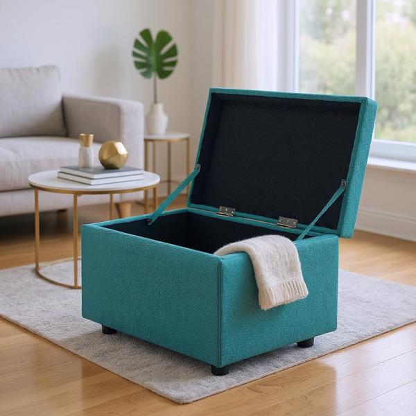 Blue Linen-Textured Storage Ottoman with Rubber Feet – 63×43×43cm Bench for Entryway, Bedroom or Living Room-4