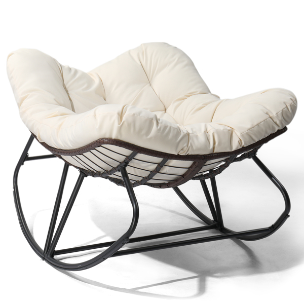 Oversized Rattan Papasan Chair, Outdoor Steel Wicker Rocking Seating with Thick Padded Cushion for Patio, Living Room, Backyard, Porch(Brown Wicker & Beige Cushion)-1