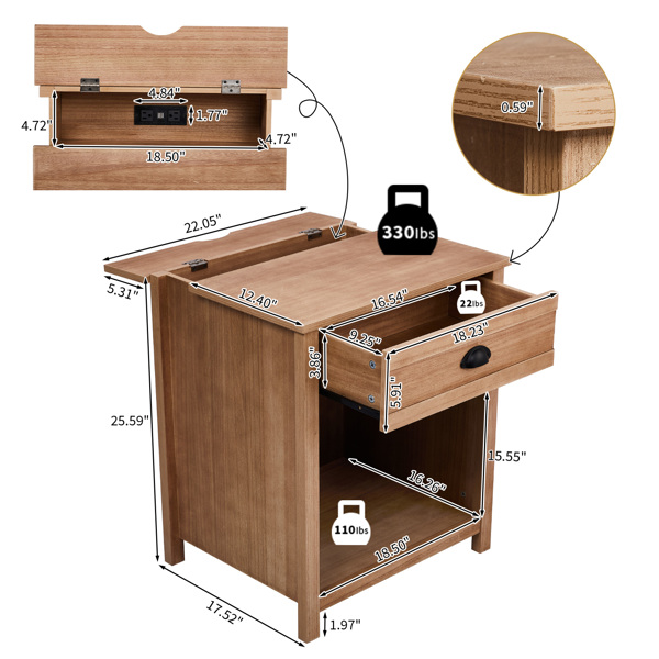 Oak color P2 density board + solid wood veneer frame 56*45*65cm one drawer with lower compartment bedside table mid-century modern-18