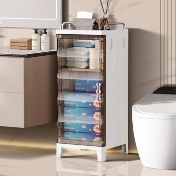 Small Narrow Storage Cabinet with Doors and Shelves Slim Waterproof Bathroom Storage Organizers Skinny Plastic Freestanding Cabinets Gap Spaces Saver for Kitchen Laundry Room Bedroom