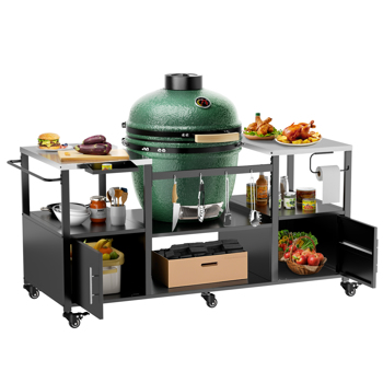 户外烧烤桌，适用于 Big Green Egg 式烧烤炉，金属烧烤车带储物盒，可兼容高达 Large Green Egg 的 Kamado Joe Jr
