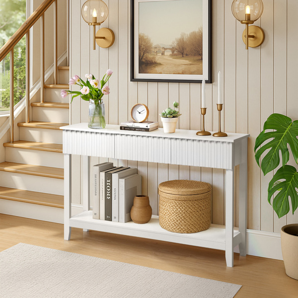 Modern Console Table with 3 Drawers and Open Storage Shelf, Entryway Table Narrow Long Sofa Table Hallway Foyer Table Behind Couch Table, White-4