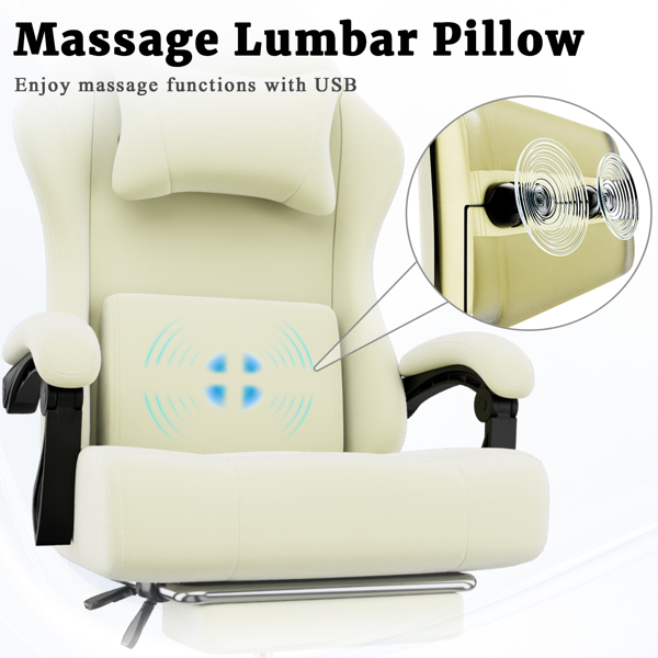 Ergonomic Gaming Chair, Video Game Chair with Massage Lumbar Support and Footrest, Height Adjustable Fabric Computer Chair with Pocket Spring Cushion, White-3