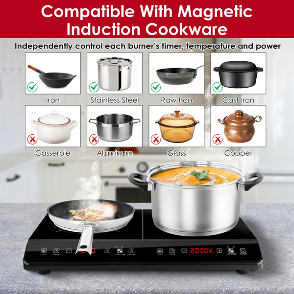 Double Induction Cooktop,  Portable Dual Countertop Burner with Sensor Touch, 4000W  Induction Cooktop 2 Burner, Electric Countertop Cooker with 9 Temp & Power Levels, 3-Hour Timer,Safety Lock-6