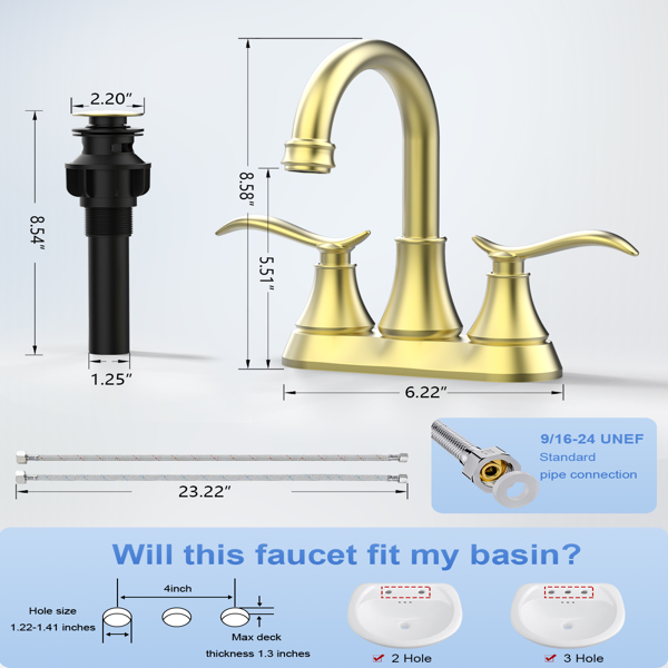 Bathroom Faucet Brushed Gold with Pop-up Drain & Supply Hoses 2-Handle 360 Degree High Arc Swivel Spout Centerset[Unable to ship on weekends,usps/fedex]-2