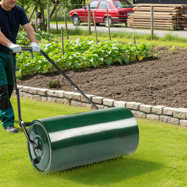 24in Heavy Duty Steel Lawn Roller, Garden Roller Can Be Filled with Water or Sand, Hand Roller with U-shaped Handle, Green & Black-11