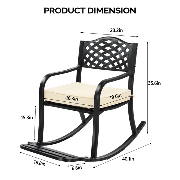 Metal Rocking Chair, Outdoor Rocking Bench with Cushion, Patio Rocker with Footrest, Weatherproof Rocking Chair for Outside, Patio, Garden, Hole Backrest-9