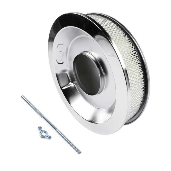 14" x 3" 14 Full Finned Aluminum Round Air Cleaner Air Filter Kit Polished with a Recessed Base and Paper Element Fits Single Quad Carburetors with 5-1/8" Neck 5" Steel Mounting Stud-7