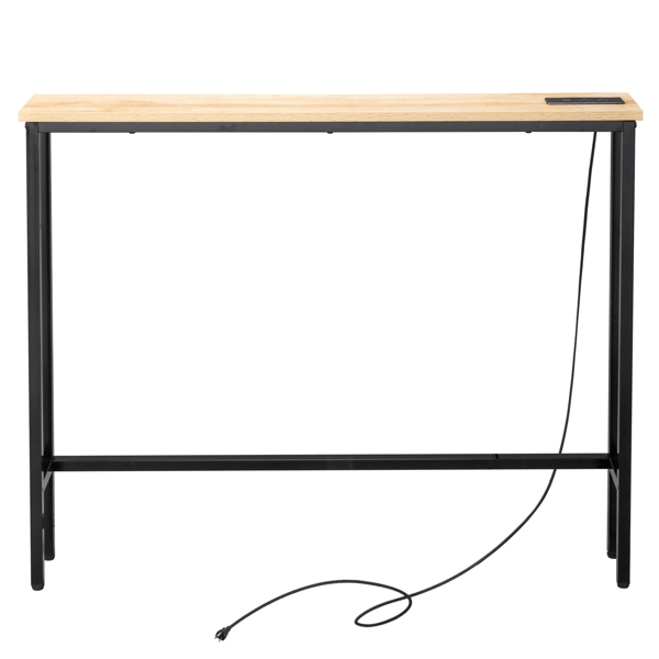 39.4" Narrow Console Sofa Table with Power Outlets and USB Ports, Skinny Couch Table with Metal Frame and Charge Station with 4.9ft Extension Cord, Oak-1